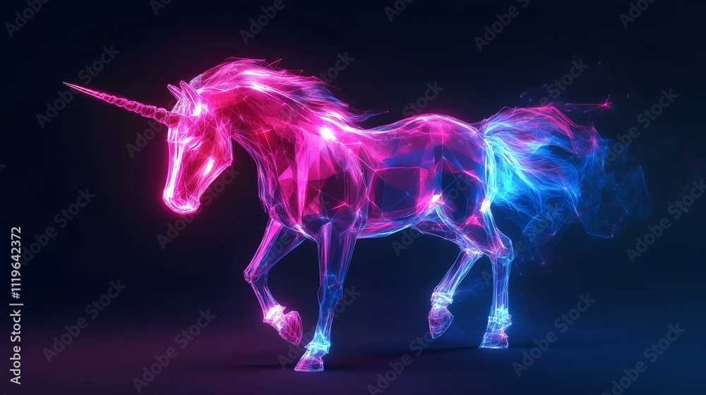 Neon glowing unicorn with vibrant pink and blue hues on a dark magical background Neon glowing unicorn with vibrant pink and blue hues on a dark magical background