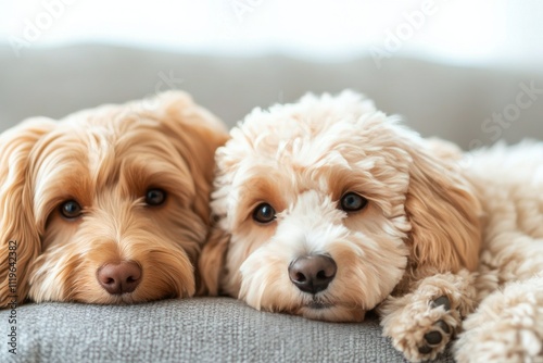 Two dogs peacefully sleeping side by side on a cozy sofa in a warm living room photo