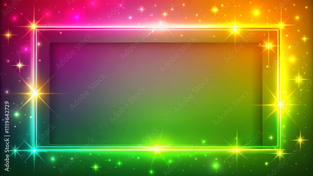 Obraz premium Vibrant Rainbow Neon Frame with Glowing Stars and Gradient Background for Festive Designs