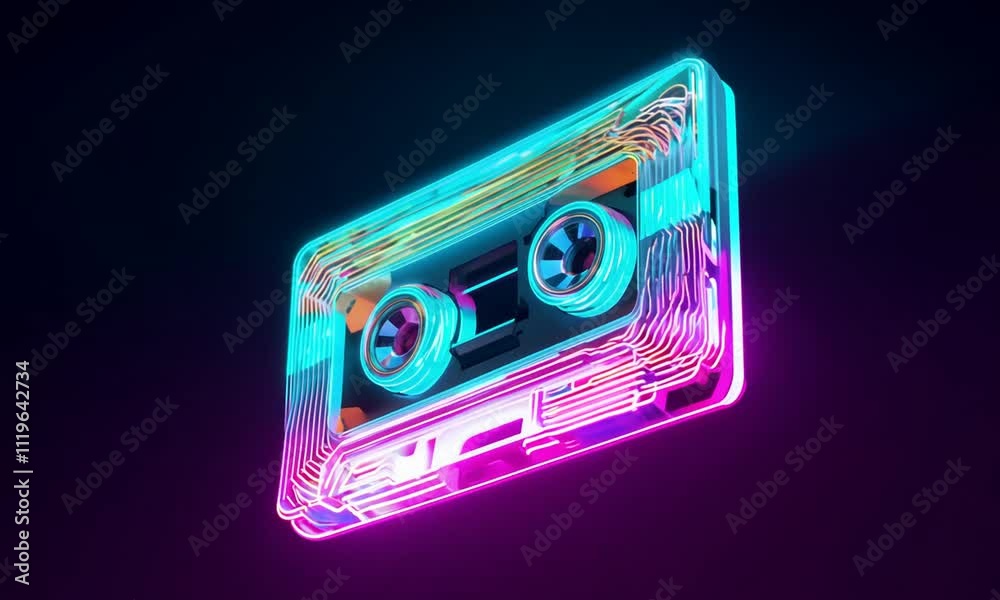 Retro cassette tape glowing in vibrant neon colors with futuristic design on a dark background