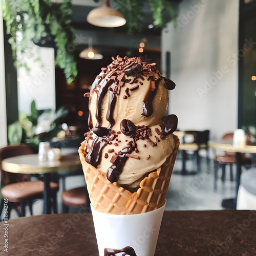 Gourmet espresso ice cream with chocolate shavings and coffee bean garnish, served in small cup with chic coffee shop theme
