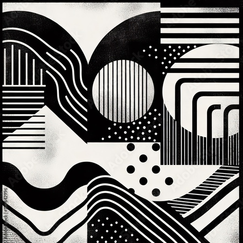 Bold black shapes white lines textured effects traditional look