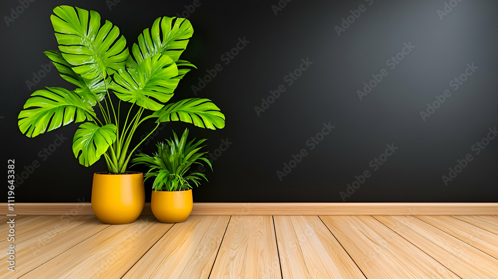 Fototapeta premium A stylish interior featuring lush green plants in yellow pots, set against a sleek black wall and wooden flooring.