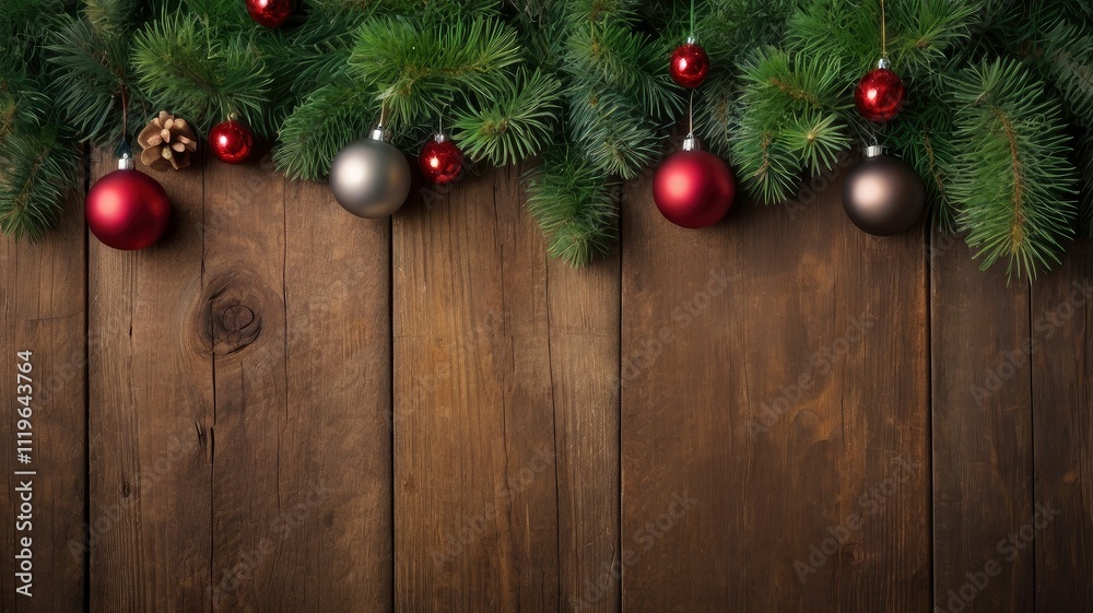 Chirstmas background with leaves and ornaments