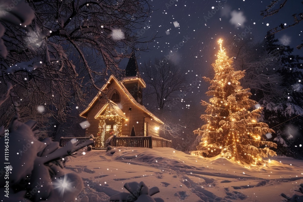 Fototapeta premium house in the snow with big golden lights tree winter night background