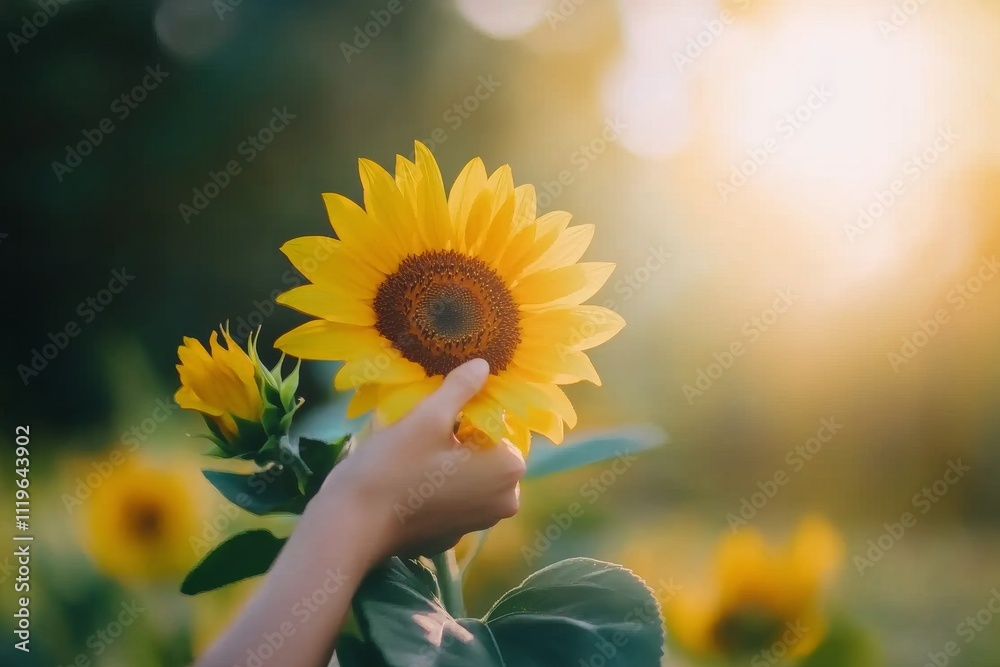 Naklejka premium Vibrant sunflower blossoms in a serene garden at twilight