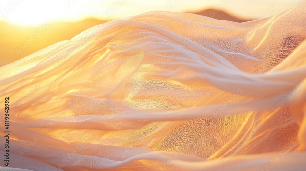 Golden rays illuminate soft, flowing fabric as it dances in the wind during a tranquil sunset. The delicate texture catches the breeze, bringing an enchanting allure to the scene