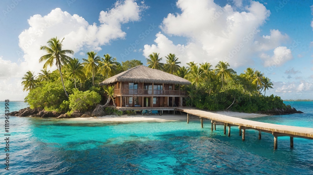 Obraz premium Luxury overwater villa with thatched roof on private tropical island, connected by wooden pier to crystal clear turquoise lagoon. Paradise setting with swaying palm trees and white sand beach