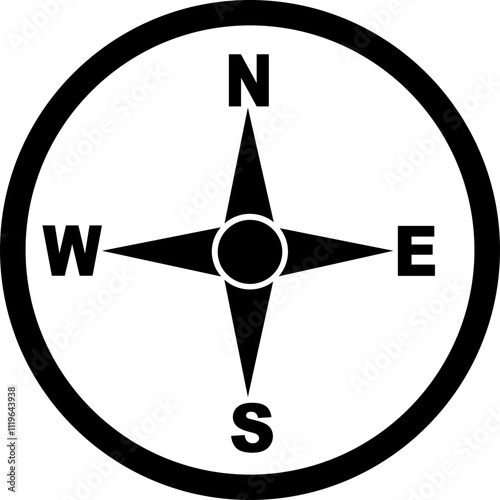 Monochrome navigational compass with cardinal direction of North, East, West, South. Geographical position, cartography and navigation. Nautical chart in flat style isolated on transparent background.