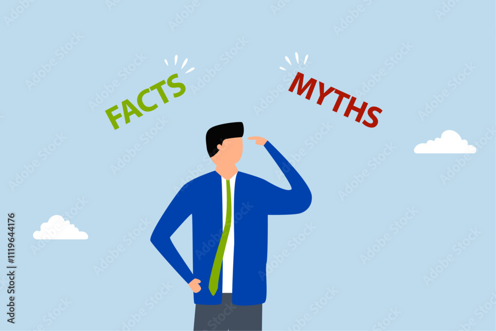 Myths vs Facts, Perplexed and uncertain businessman pondering with intrigue contrasts between truths or fables. Myths vs Facts, Perplexed and uncertain businessman pondering with intrigue contrasts between truths or fables.