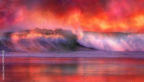 Fiery Sunset Wavescape, Ocean Waves Crashing, Dramatic Seascape, Vibrant Coastal Sunset