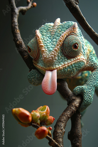 A chameleon sitting on a branch with its tongue out photo