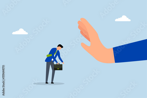 Application rejected, sorrowful entrepreneur turned down by significant hand signal as negative. 