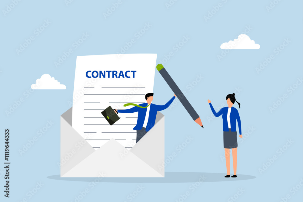 Remote recruitment, Clever businessman presents pen to candidate for signing contract from email envelope. Remote recruitment, Clever businessman presents pen to candidate for signing contract from email envelope.