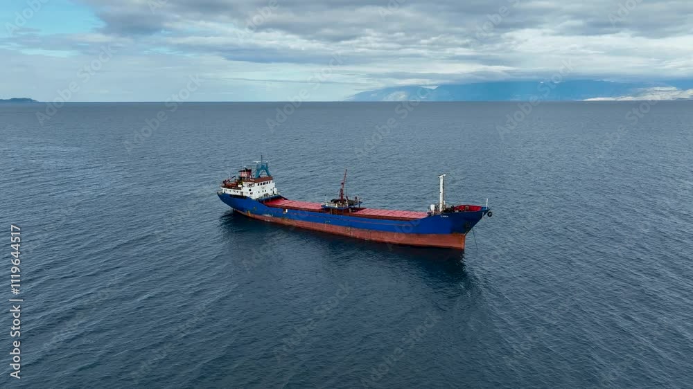 Large cargo ship at sea with blue and red hull in corfu ,Greece Large cargo ship at sea with blue and red hull in corfu ,Greece