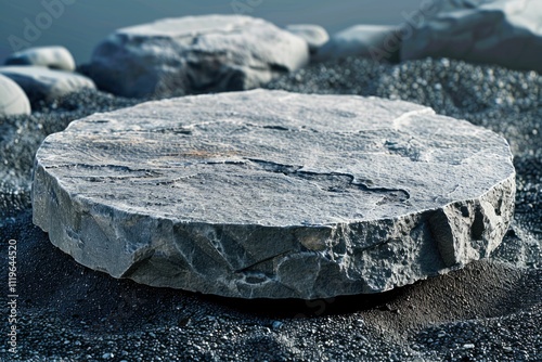 A large  flat  grey rock rests on a bed of black pebbles. background removed