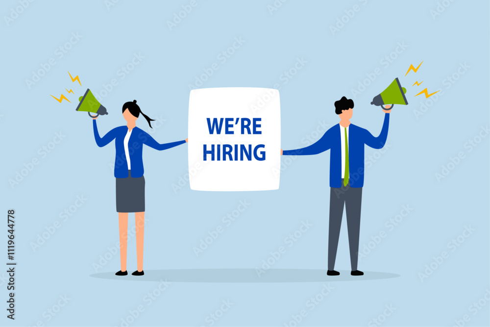 business people HR with megaphone holding we are hiring sign. business people HR with megaphone holding we are hiring sign.