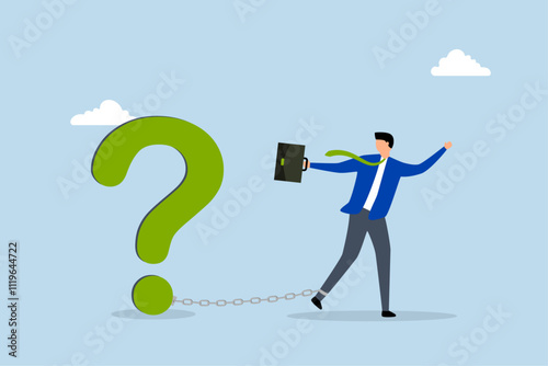 Struggle with unanswered question, exasperated businessman weighed down by a massive question mark burden. 