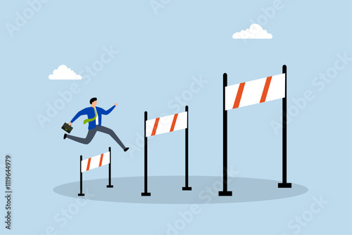 Business challenge, determined businessman leaps over challenges to discover greater obstacles. 