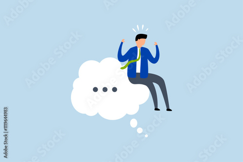 Think of solution, considerate businessman perched like a philosopher on a contemplation cloud. 