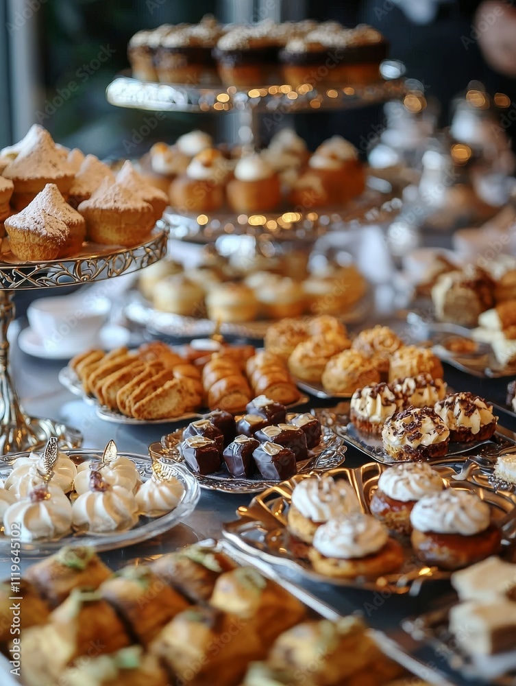 A beautifully arranged display of a variety of desserts and pastries on elegant tiered trays, showcasing an inviting feast for sweet lovers. A beautifully arranged display of a variety of desserts and pastries on elegant tiered trays, showcasing an inviting feast for sweet lovers.