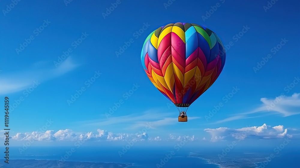 Naklejka premium Colorful Hot Air Balloon Soaring Over Scenic Landscape with Clear Blue Sky