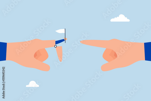 Stop argument, Two businessmen are arguing while pointing at each other, with one holding a small white flag in surrender. 