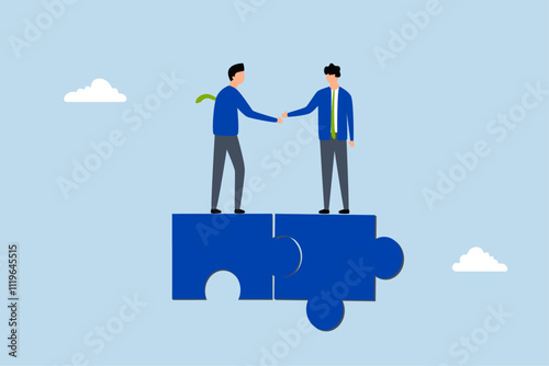Collaborate, Successful entrepreneurs complete the agreement and shake hands over a jigsaw puzzle. 