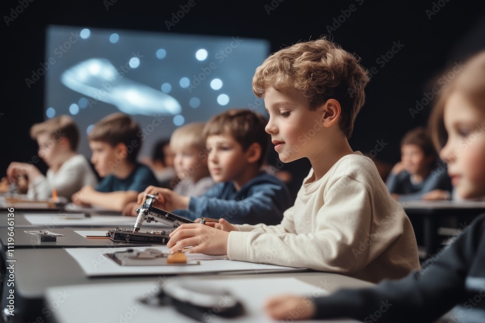Enthusiastic children engage in a dynamic astronomy class, interacting with equipment and absorbing the wonders of the universe. Enthusiastic children engage in a dynamic astronomy class, interacting with equipment and absorbing the wonders of the universe.
