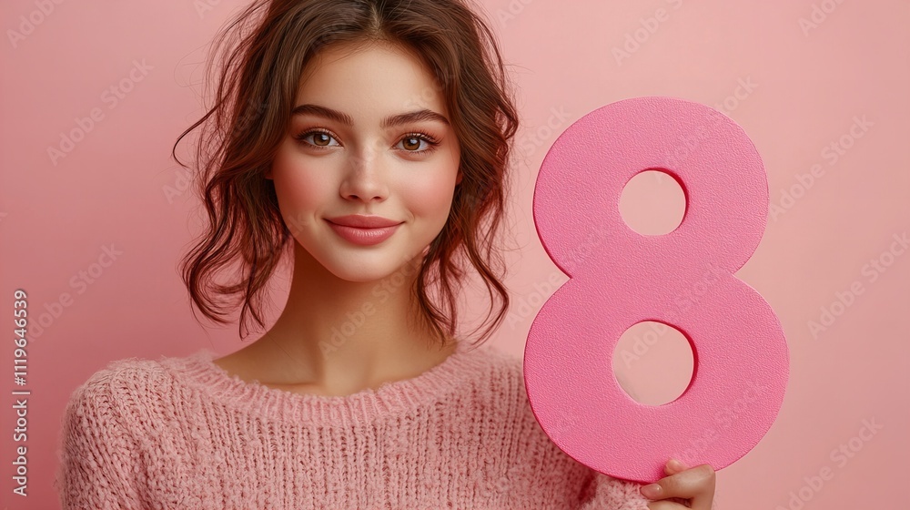 International womens Day 8 march Young woman holding pink number eight against peach background International womens Day 8 march Young woman holding pink number eight against peach background