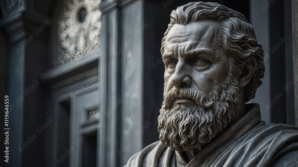 Detailed marble bust of bearded philosopher with intricate carving showing facial expression and flowing hair. Classical sculpture against architectural elements creates dramatic portrait Detailed marble bust of bearded philosopher with intricate carving showing facial expression and flowing hair. Classical sculpture against architectural elements creates dramatic portrait