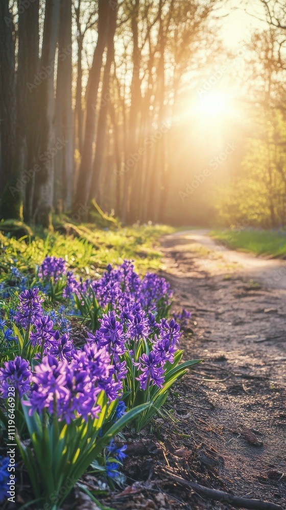 Obraz premium Sunlight filters through trees highlighting blooming flowers on a serene forest path