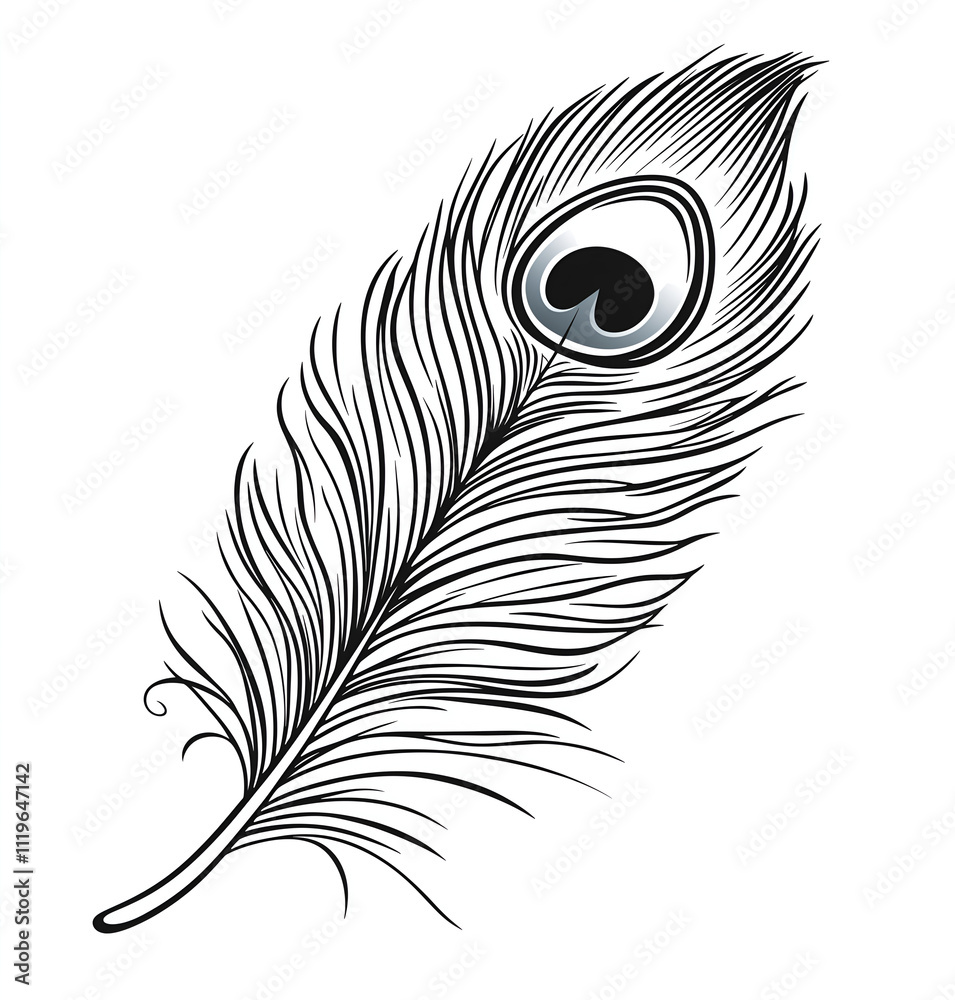 Peacock feather, vector line art illustration on a white background Peacock feather, vector line art illustration on a white background