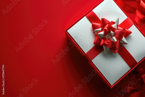 White gift box with red ribbon and bow on red background background removed