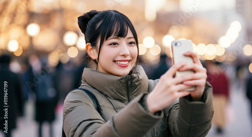 A young woman taking a selfie at a winter tourist spot.