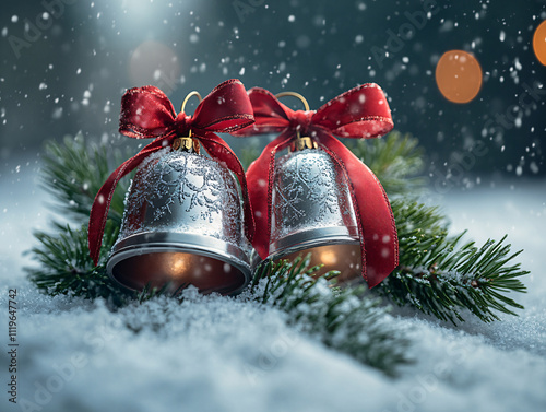 two silver bells with intricate designs, tied together with a red ribbon, sitting on a snowy surface with pine branches nearby. The background features a blurred, sunny outdoor setting with snowflakes