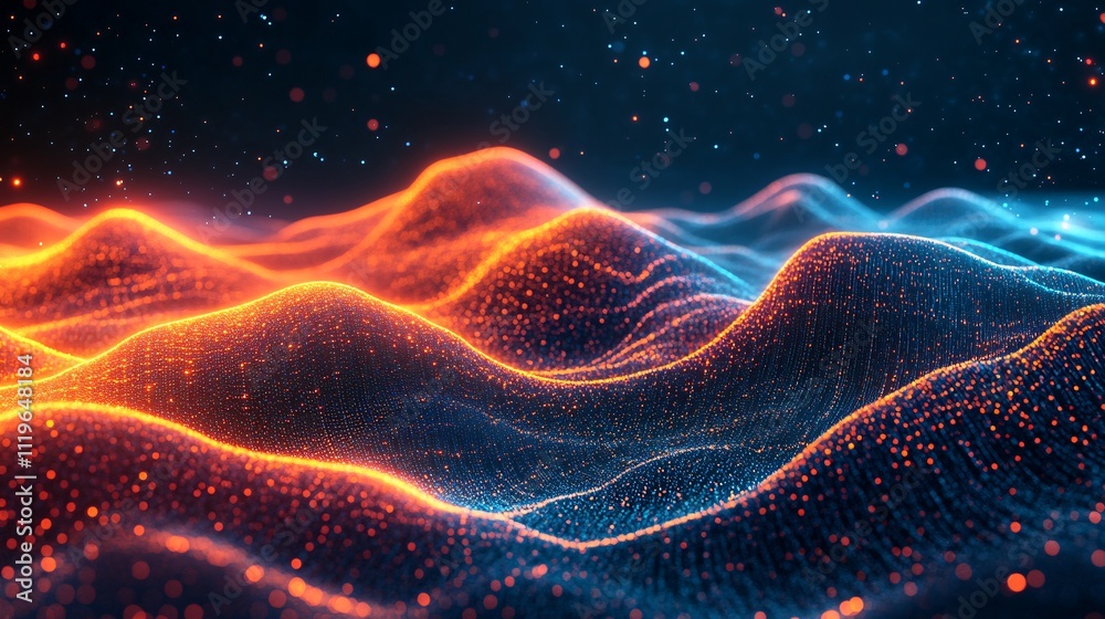 A vibrant, abstract landscape of flowing waves illuminated in orange and blue tones, suggesting depth and movement in a digital environment. A vibrant, abstract landscape of flowing waves illuminated in orange and blue tones, suggesting depth and movement in a digital environment.