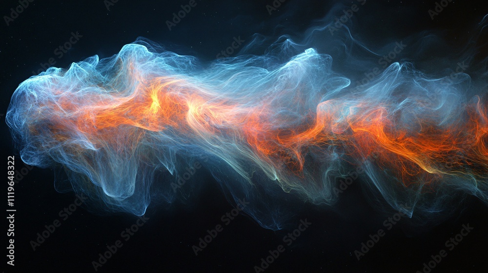Fototapeta premium An abstract image showcasing colorful, ethereal wisps of smoke or light swirling in a dark background, creating a dynamic and fluid visual effect.