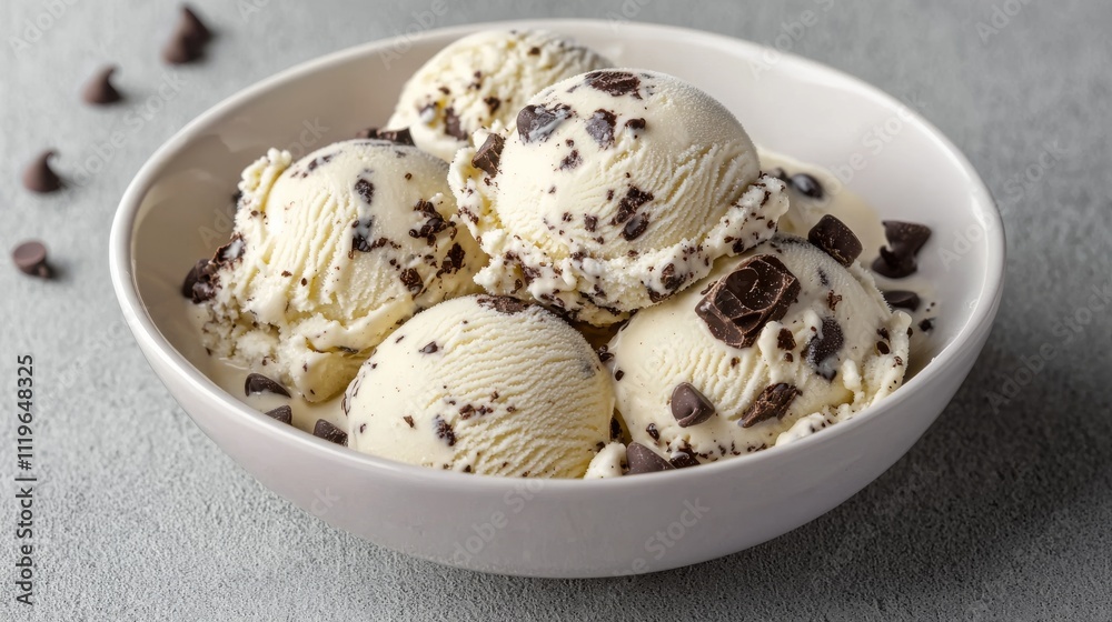 Creamy vanilla ice cream scoops with chocolate cookie bits, served in a white bowl on a textured surface. Creamy vanilla ice cream scoops with chocolate cookie bits, served in a white bowl on a textured surface.