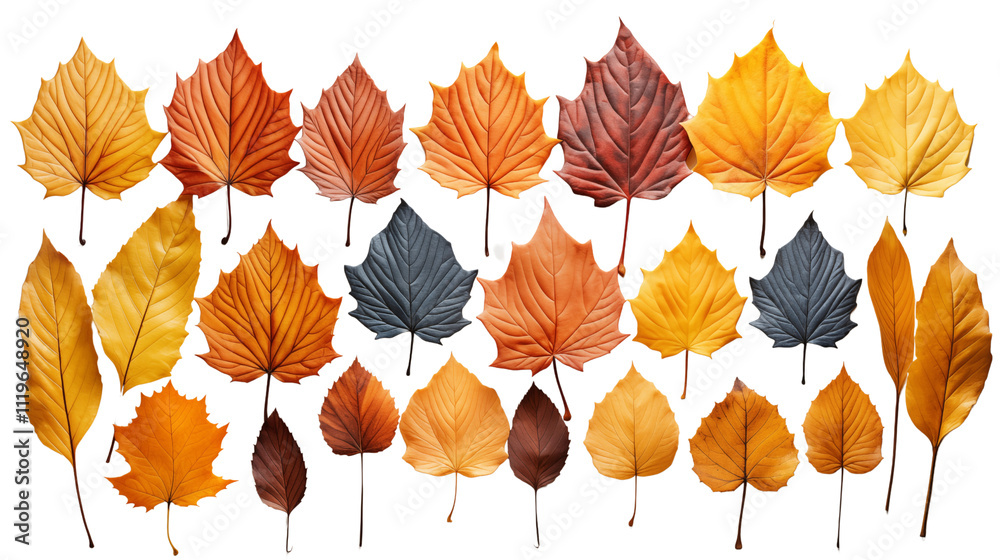 Obraz premium A close-up of autumn leaves glowing under sunlight, displaying their intricate patterns and hues, isolated on transparent background.