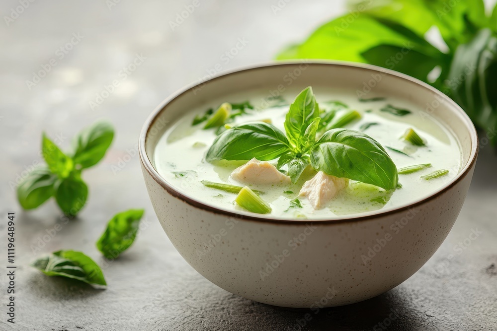 A bowl of creamy soup garnished with fresh basil leaves and green vegetables. A bowl of creamy soup garnished with fresh basil leaves and green vegetables.