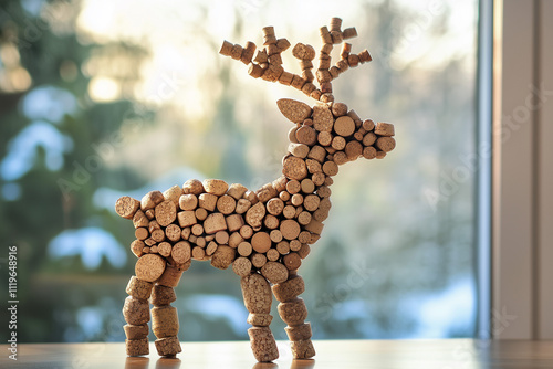 Reindeer made of wine corks on the table, against a window background,