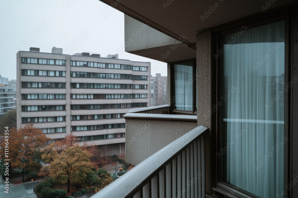 An overcast view from a balcony overlooks a concrete urban landscape with symmetrical, modern apartment buildings and autumn trees below. An overcast view from a balcony overlooks a concrete urban landscape with symmetrical, modern apartment buildings and autumn trees below.