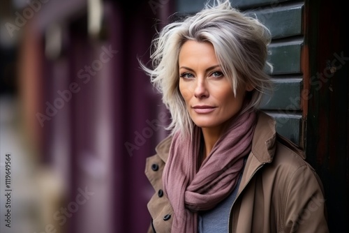 Portrait of a beautiful woman in a coat and scarf in the city