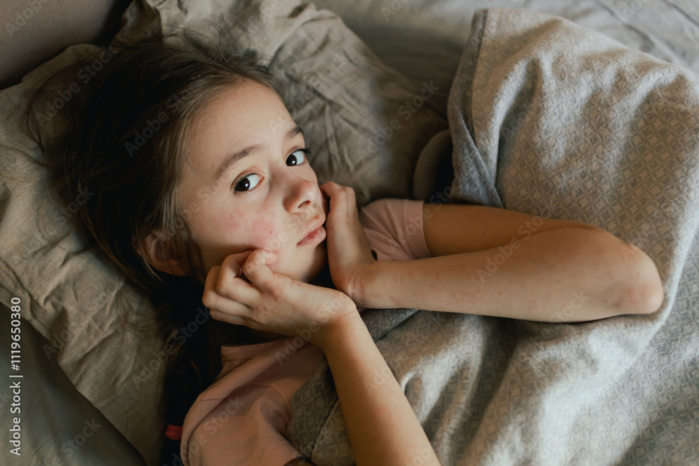 Obraz premium A sick child with skin rashes in bed. Child's skin with many red spot. Allergic reaction, Drug allergy, Scarlet fever, Atopic dermatitis, Diaper rash, Urticaria, Scabies, Heat rash.