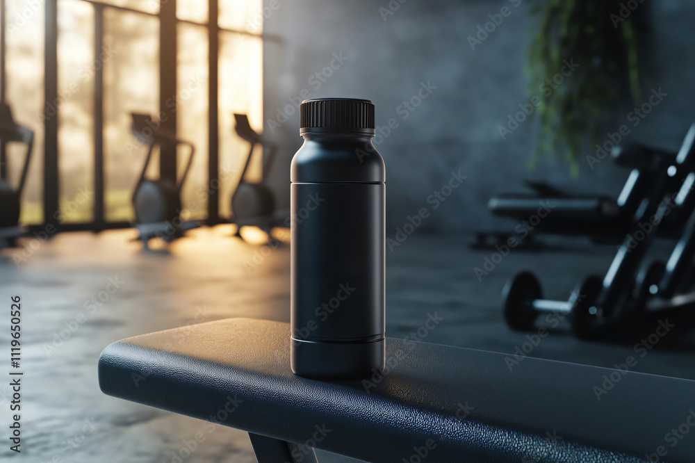 Black shaker bottle mockup standing on a bench in a gym at sunset, perfect for showcasing your brand Black shaker bottle mockup standing on a bench in a gym at sunset, perfect for showcasing your brand