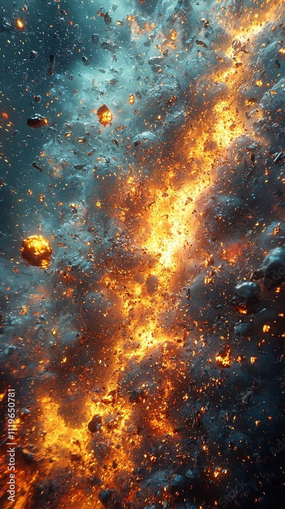Cataclysmic Detonation Futuristic Space Station Explosion Ignites Mesmerizing Chain Reaction of Glowing Debris in Zero Gravity Cataclysmic Detonation Futuristic Space Station Explosion Ignites Mesmerizing Chain Reaction of Glowing Debris in Zero Gravity