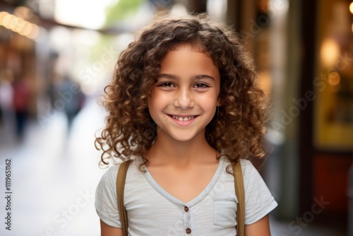 childhood, fashion and people concept - smiling little african american girl in street