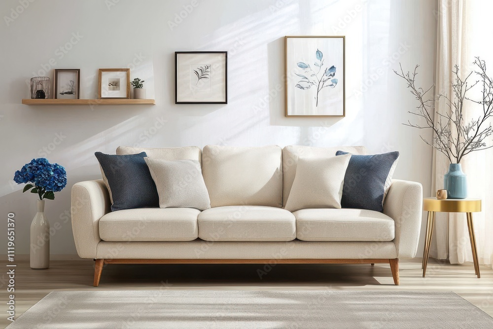 Modern minimalist living room beige mid century sofa Modern minimalist living room beige mid century sofa