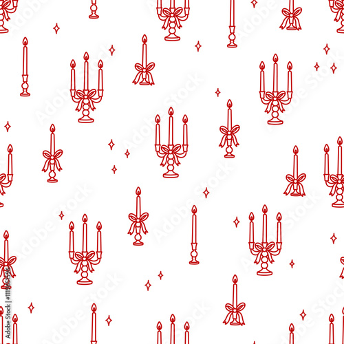 Coquette seamless pattern of hand drawn candles with bows. Holiday background. Design for fabric, wallpaper, background